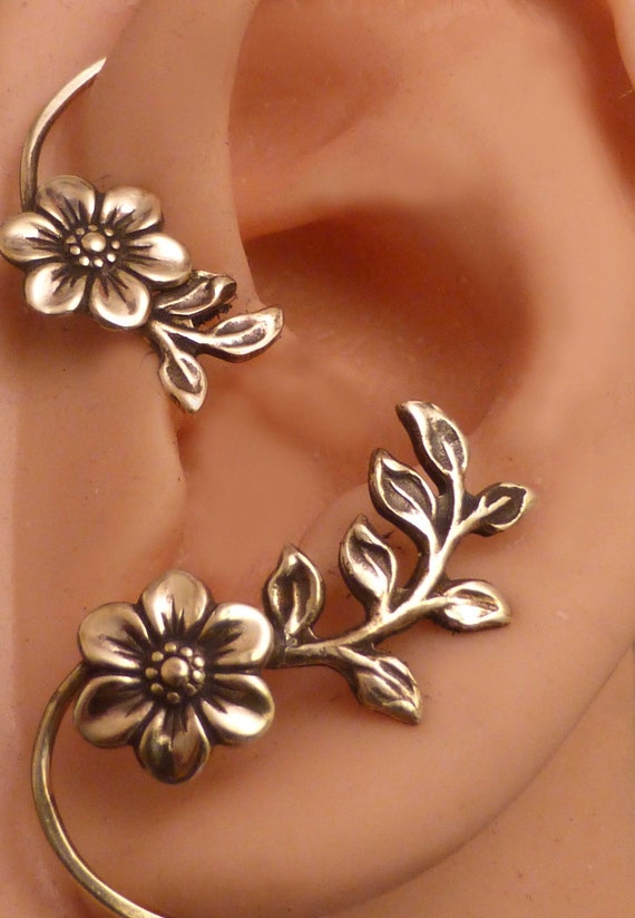GOLDEN GARLAND Ear WRAP Flower and Leaf Brass Ear Cuff Wrap Etsy