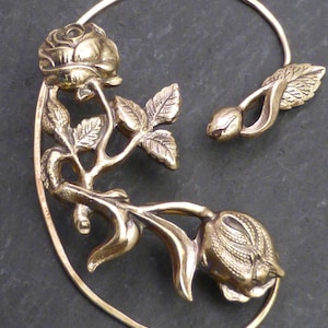 ROSES EAR WRAP for Right Ear -  Handcrafted Flower and Leaf Brass Ear Cuff Wrap