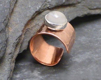 COPPER MOONSTONE EARCUFF   Wide Hammered Copper Gemstone Ear Cuff Band
