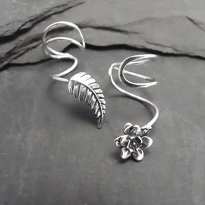 PETALS & LEAF EARCUFF Pair   Asymmetrical Sterling 925 Flower and Leaf Silver Ear Cuffs