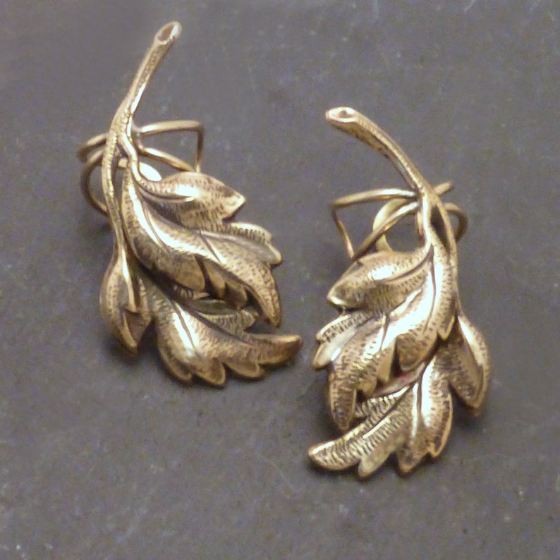 FALLING LEAVES EARCUFF Pair Two Handcrafted Golden Brass Ear Wraps image 3