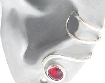 GARNET Sterling Ear Cuff   925 Silver Swirl Red Gemstone Ear Wrap