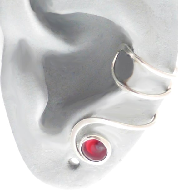 GARNET Sterling Ear Cuff   925 Silver Swirl Red Gemstone Ear Wrap