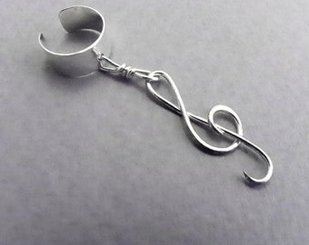 TREBLE CLEF Sterling Ear Cuff Handcrafted 925 Silver Dangle Music Ear Band