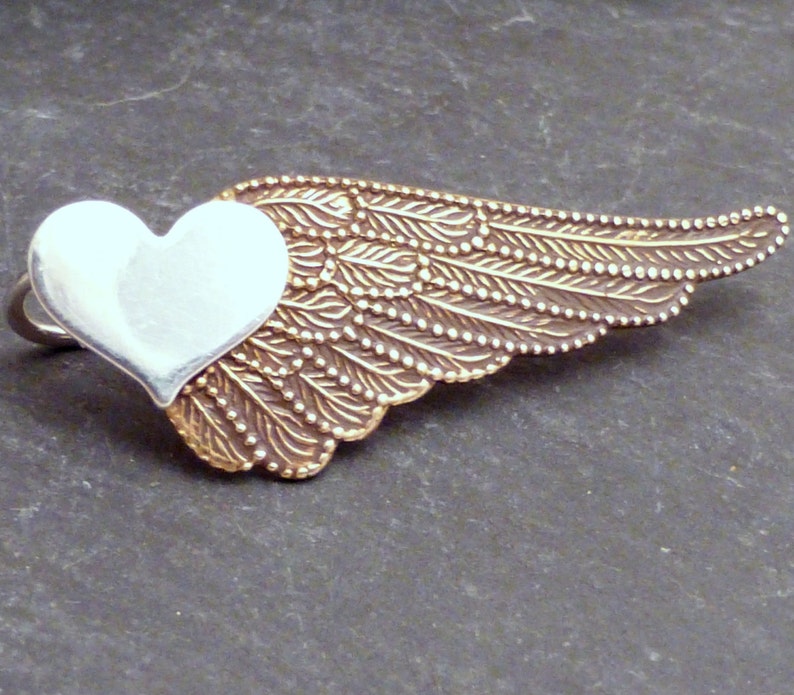 WINGED HEART SWEEP Mixed Metal Sterling Heart and Brass Wing Ear Pin Single Earring image 1