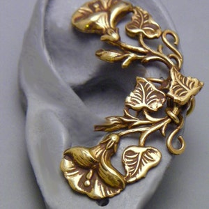 GLORIOUS GOLDEN EARCUFF   Morning Glory Flower & Leaf Handcrafted Brass Ear Wrap Ear Cuff