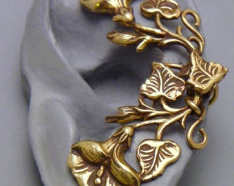 GLORIOUS GOLDEN EARCUFF   Morning Glory Flower & Leaf Handcrafted Brass Ear Wrap Ear Cuff