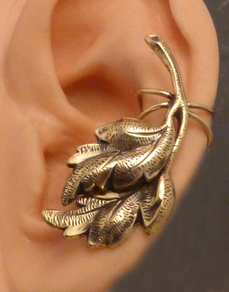 FALLING LEAVES EARCUFF Pair Two Handcrafted Golden Brass Ear Wraps image 2