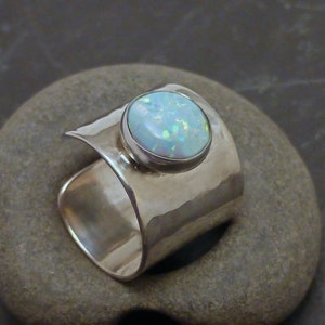 OPAL EAR CUFF Wide Hammered 925 Sterling Silver Gemstone Ear Cuff Band image 3