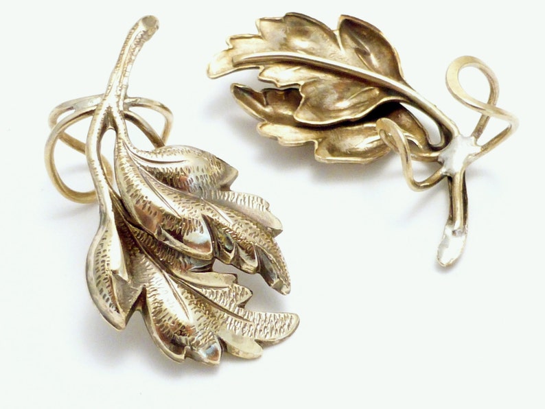 FALLING LEAVES EARCUFF Pair Two Handcrafted Golden Brass Ear Wraps image 4