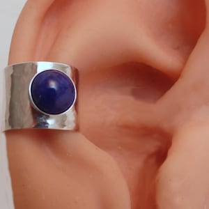 LAPIS SILVER EARCUFF   Wide Hammered Sterling 925 Silver Blue Gemstone Ear Cuff Band