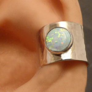 Hammered Sterling Silver Opal Ear Cuff - Wide Band