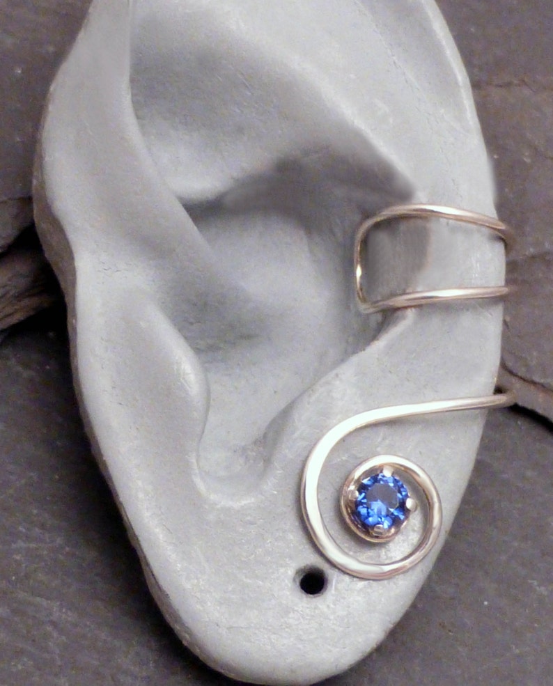 SAPPHIRE Handcrafted Sterling Ear Cuff Silver 925 Blue Lab-Grown Sapphire Ear Wrap image 2