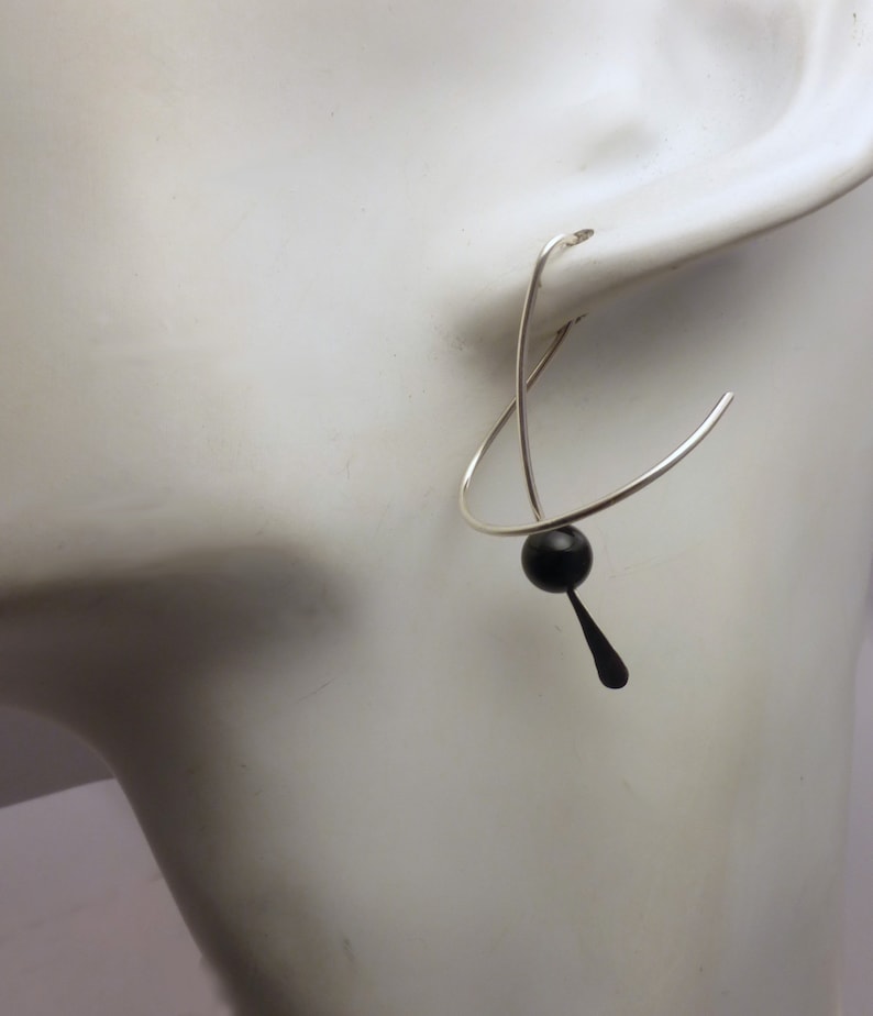 MIDNIGHT BREEZE Sterling Dangle Black Onyx Earrings Fun Twirl-in Casual Earwear Pair image 2