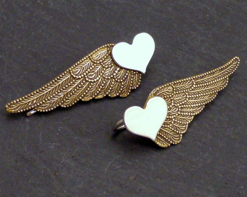 WINGED HEART SWEEP Mixed Metal Sterling Heart and Brass Wing Ear Pin Single Earring image 5