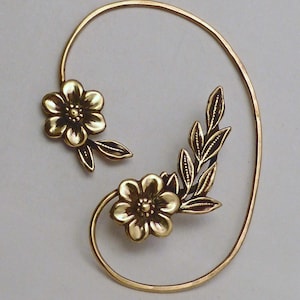 Golden Garden Brass Flower & Leaf Ear Cuff Wrap - No Piercing