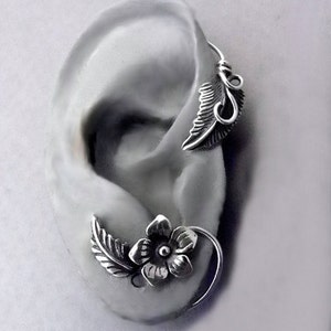 SUMMER EAR WRAP   Sterling Silver Flower and Leaf Ear Cuff Wrap for Right  Ear