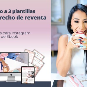 May include: A woman is holding a white mug with colourful designs. She is sitting at a table with a laptop and a pink planner. The text on the screen says "MARCA PERSONAL". The text on the planner says "GRATITUD". The text on the left side of the image says "Acceso a 3 plantillas PLR - Derecho de reventa" and lists "Planner", "Plantillas para Instagram", and "Plantilla de Ebook".