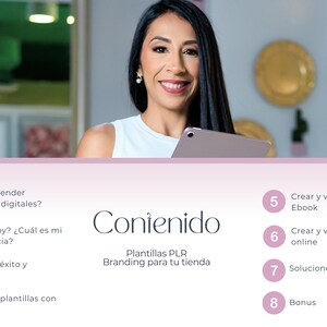 May include: A woman is holding a tablet computer. The text on the screen reads "Contenido Plantillas PLR Branding para tu tienda". The text on the page below the image reads "&iquest;Por qu&eacute; vender productos digitales? &iquest;Qui&eacute;n soy? &iquest;Cu&aacute;l es mi experiencia? Casos de &eacute;xito y n&uacute;meros Venta de plantillas con Canva Crear y vender un Ebook Crear y vender cursos online Soluciones Bonus"