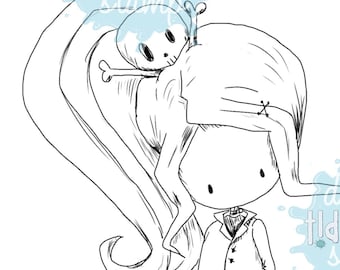 May include: Black and white digital stamp featuring a girl with long hair wearing a coat and boots, holding a teddy bear with a stitched-up face. The text "tiddly inks Digital Stamp downloadable line art - 300 dpi" is at the bottom of the image.