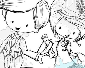 May include: A black and white line drawing of a boy and girl dancing. The boy is wearing a suit and the girl is wearing a dress with a fur collar. The girl has a feather in her hair.