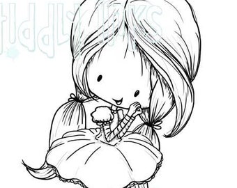 May include: Black and white line art illustration of a girl with long hair wearing a dress and holding a small object in her hand. She is standing with her legs crossed and wearing shoes.