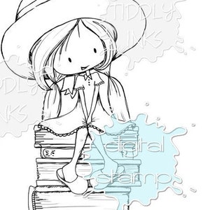 May include: Black and white illustration of a cartoon girl sitting atop a stack of books, wearing a hat and dress. The image has a whimsical style, with the words "Tiddly Inks" and "digital stamp" in the background.