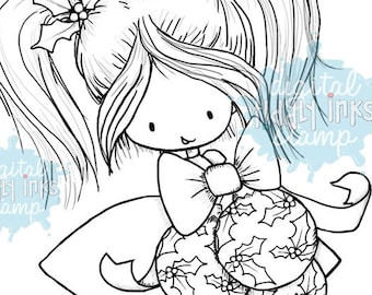 May include: A black and white line art digital stamp of a girl with pigtails holding Christmas ornaments. The girl is wearing a dress with a bow and has holly in her hair. The text "Digital Stamp" and "downloadable line art - 300 dpi" is at the bottom of the image.