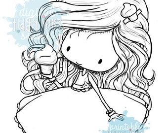 May include: A black and white line art digital stamp of a girl with long, wavy hair holding an ice cream cone. The girl is wearing a dress and shoes with bows. The stamp is 300 dpi.