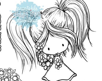 May include: Black and white digital stamp featuring a girl with flowers in her hair and a jar of flowers. The stamp also includes the words "Thinking" and "You".