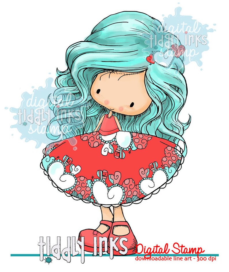 May include: A digital stamp featuring a cartoon girl with long, flowing turquoise hair, wearing a red dress with white hearts and polka dots. The girl is wearing red shoes and has a sweet expression on her face. The stamp is labeled "Tiddy Inks Digital Stamp" and "downloadable line art - 300 dpi".