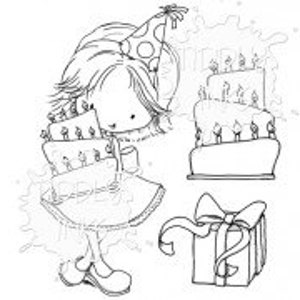 Pode incluir: Uma ilustração em preto e branco de uma menina usando um chapéu de festa e segurando um bolo de aniversário com velas. Há um bolo de aniversário maior com velas e uma caixa de presente com um laço no fundo.