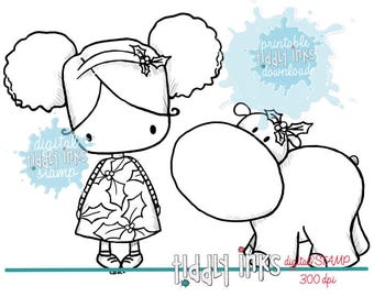 May include: Black and white digital stamp featuring a girl with pigtails wearing a holly-patterned dress and a hippopotamus with a holly sprig on its head. The text "Tiddy Inks" is printed at the bottom of the image.