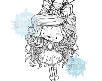 May include: A black and white digital stamp of a girl with antlers, a flower crown, and a dress. The girl is standing with her arms crossed and looking to the side. The stamp is labeled "Tiddly Inks Digital Stamp" and "downloadable line art - 300 dpi".