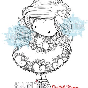 May include: Black and white line art digital stamp of a girl with long curly hair wearing a dress with hearts and a crown. The stamp is labeled "Tiddly Inks Digital Stamp" and "downloadable line art - 300 dpi".