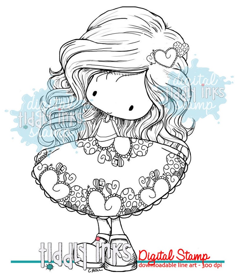 May include: Black and white line art digital stamp of a girl with long curly hair wearing a dress with hearts and a crown. The stamp is labeled "Tiddly Inks Digital Stamp" and "downloadable line art - 300 dpi".