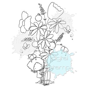 May include: A black and white line drawing of a flower bouquet featuring daisies, butterflies, and ladybirds. A small cartoon character is positioned behind the flowers. The image has a whimsical, hand-drawn style.