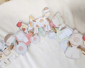 May include: A colorful paper garland featuring farm animals, including a cow, pig, rooster, and a tractor. The garland is perfect for a farm-themed party or nursery.