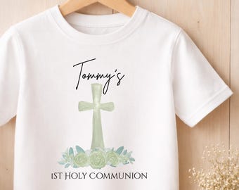 Personalised First Holy Communion T-Shirt, Custom Name Green Cross Outfit, Religious Tshirt Boys
