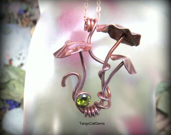 Copper Mushroom Peridot Green  Cz Organic Woodland Fairycore Renfaire Pendant Necklace