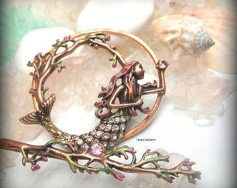 Mermaid   with rhinestones Copper Hair Clip Hand Painted  Pink cz  accents