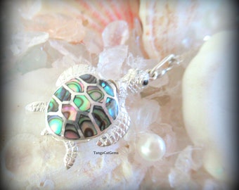 Baby Turtle Mother of Pearl Sterling Silver Pendant Necklace