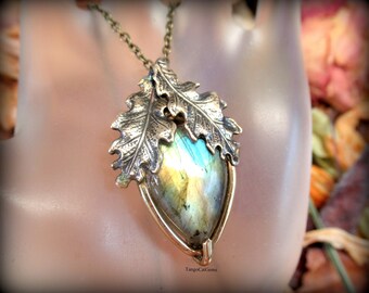 Labradorite Necklace Golden Leaves Pendant