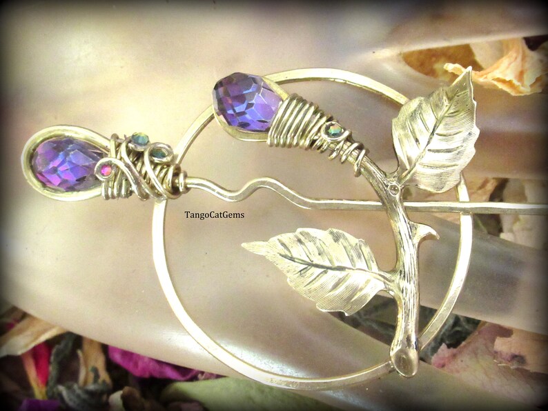 Purple Crystal Bud Hair Clip Crystal Hair Pin Hammered Brass image 7