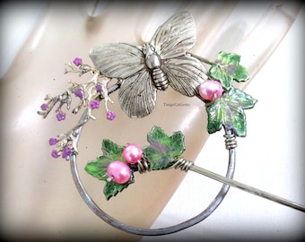 Silver Butterfly Ivy Pink Pearl Hair Clip Hair Jewelry Shawl Pin
