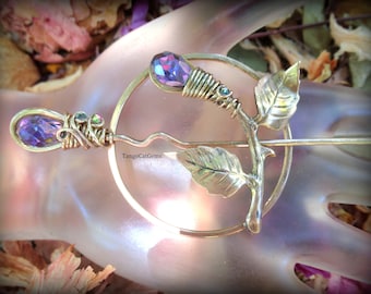 Purple Crystal Bud Hair Clip Crystal Hair Pin Hammered Brass