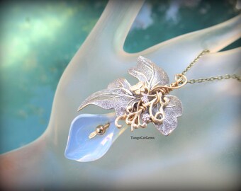 Opalite Lily Silver leaf Golden Butterfly Pendant Necklace