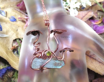 Copper Mushrooms with Aquamarine Blue Quartz  Organic Fairycore Woodland Pendant Wire Wrapped Necklace