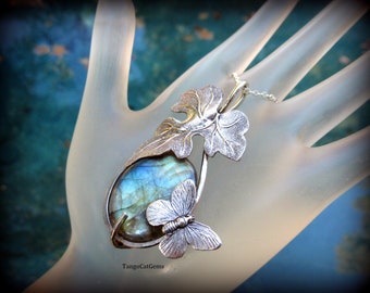 Labradorite Silver Butterfly and Leaf Pendant Necklace Fantasy Design Fairycore  Elven Jewelry