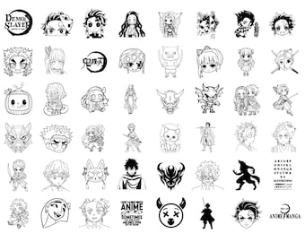 May include: A digital collection of 50 black and white line art illustrations featuring characters and symbols from the Demon Slayer series, including various chibi-style figures, masks, and text elements, presented in a grid format with file formats listed.